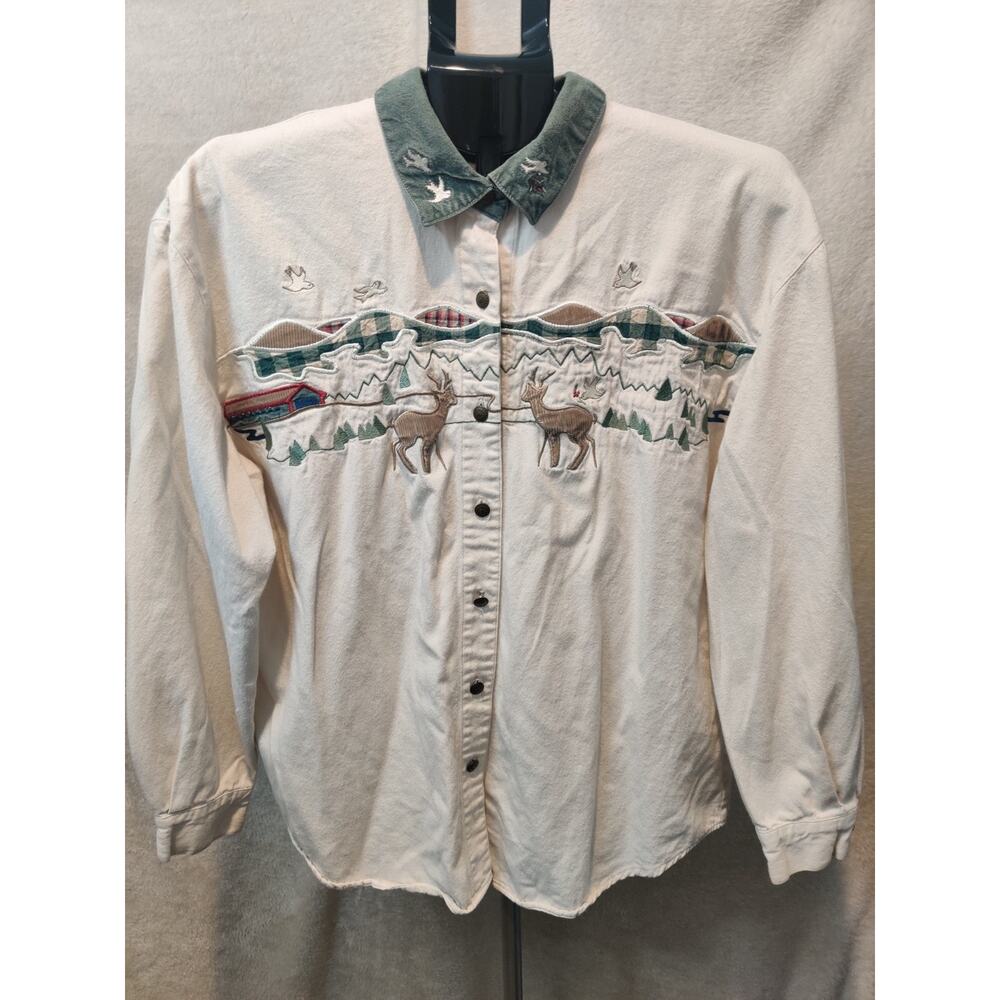 Vintage Tag Shirt Women's Size Medium Button Up Snowflake Metal Buttons Reindeer
